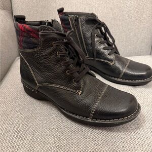 Clarks Black Ankle Boots with Red Accents